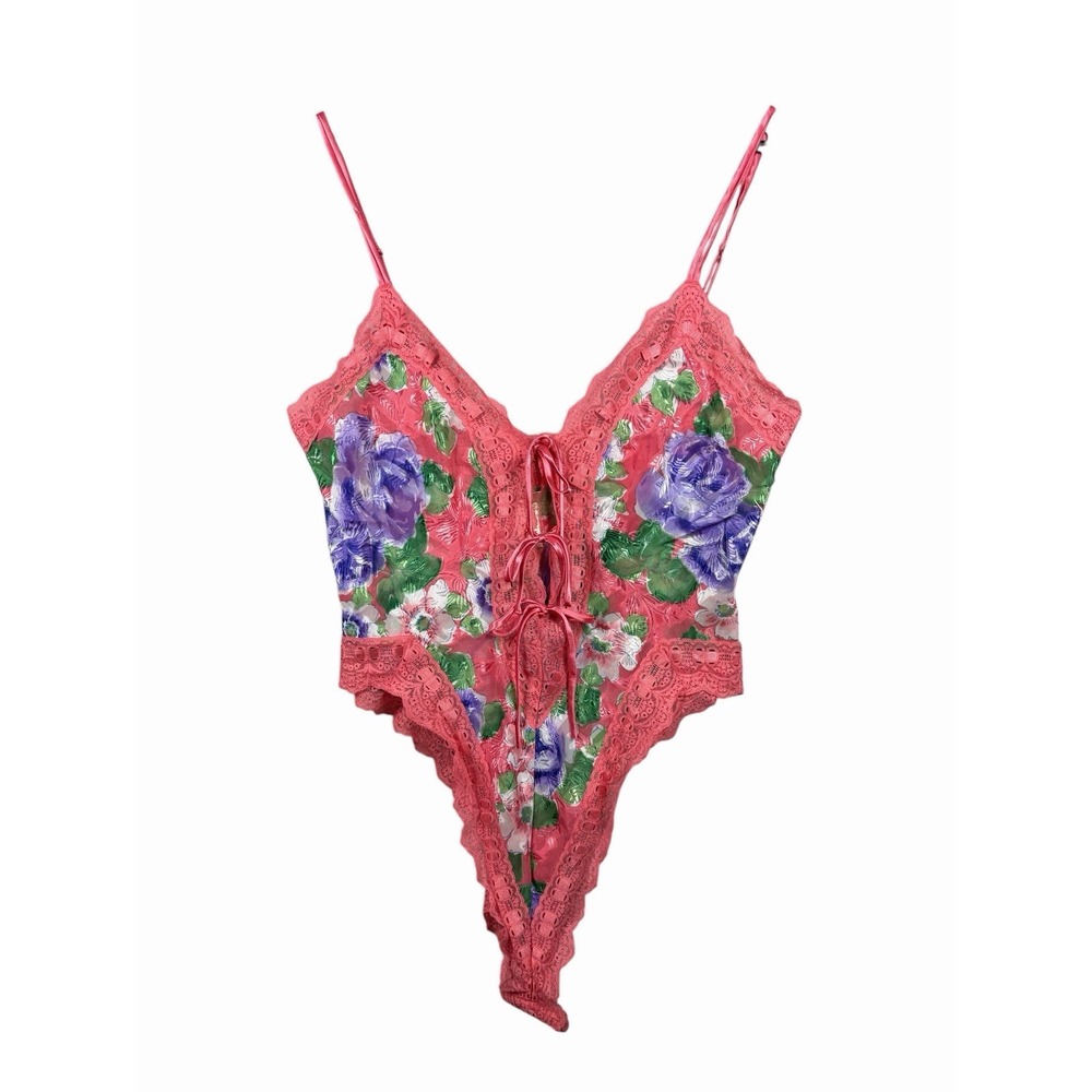 Vintage 80s Victoria's Secret Bodysuit Pink Gold Tag Teddy Floral Lace Bow Sz M